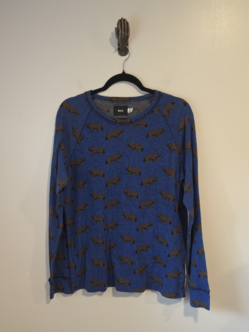 BDG Urban Outfitters Royal Blue Long-Sleeve Shirt Brown Bear Print Women's SZ M